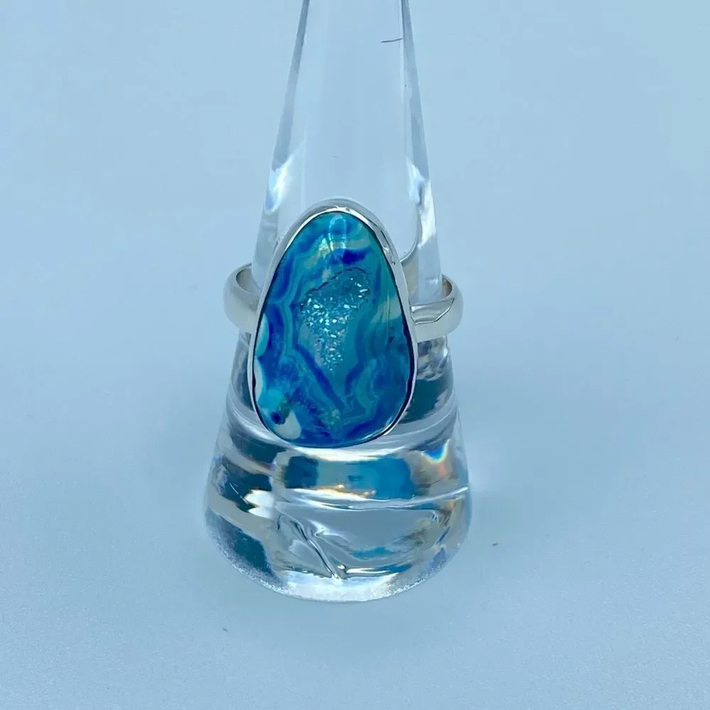Marine Blue Aura Druzy Sterling Silver Ring Jewelry Size 9